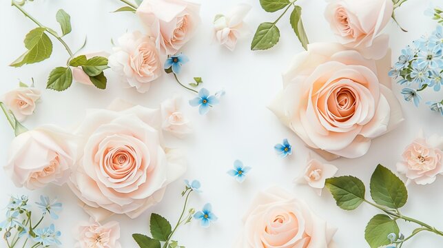 Soft pink roses and delicate blue blossoms on a pristine white background