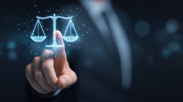 Businessman touches glowing digital scales of justice symbol interface