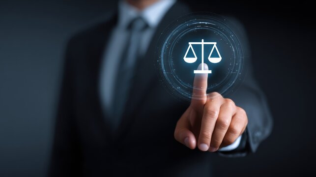 Businessman touching glowing digital scales of justice icon interface