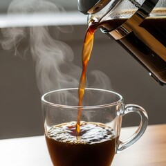 Hot Coffee Being Poured From French Press Into Glass Mug.
