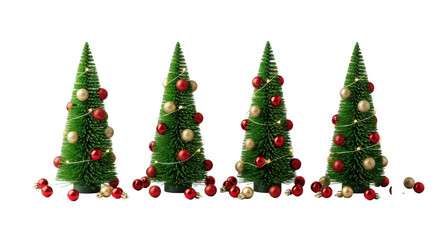 Obraz premium Four vibrant green conical miniature christmas trees adorned with red, gold baubles and unlit LED lights, with loose baubles, against transparent studio background, concept for commercial holiday