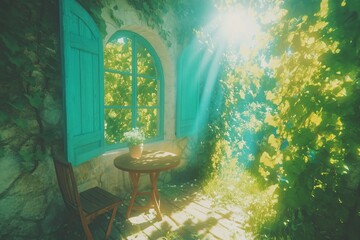 Sunlit corner with turquoise window shutters, stone wall covered with vines, wooden chair and round table near window.