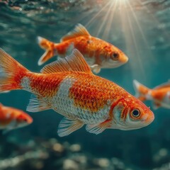 Underwater view of orange and white fish