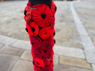 Close up of a street bollard which has been decorated with knitted red poppies in remembrance of war veterans