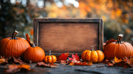 Autumnal wooden blank sign with pumpkins and leaves, fall rustic frame with copy space for Thanksgiving