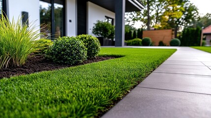 Fototapeta premium A walkway leads to a modern house with a green lawn