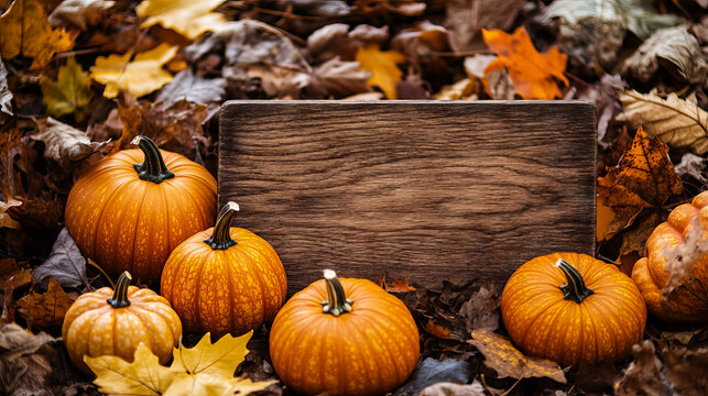 Rustic Fall Still Life with Pumpkins and Wooden Sign for Text Customization with copy space for Thanksgiving