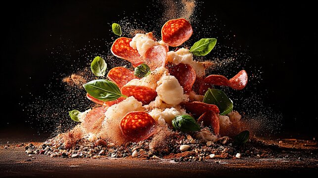 A pile of pepperoni and cheese on a black background - Powered by Adobe