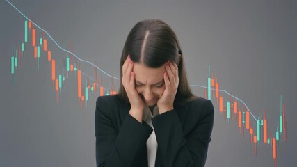 A distressed businesswoman clutches her head in front of a falling stock market graph, symbolizing financial loss and anxiety. - Powered by Adobe