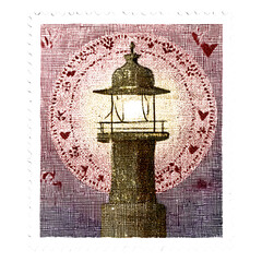 Valentines Day stamp featuring a glowing lighthouse surrounded by hearts and romantic patterns