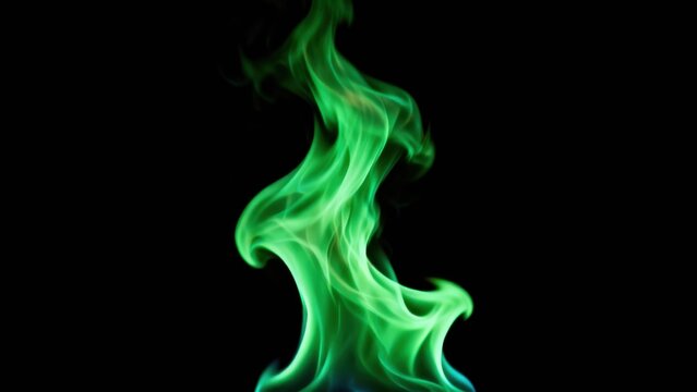 Vibrant green flame rises vertically against a stark black background