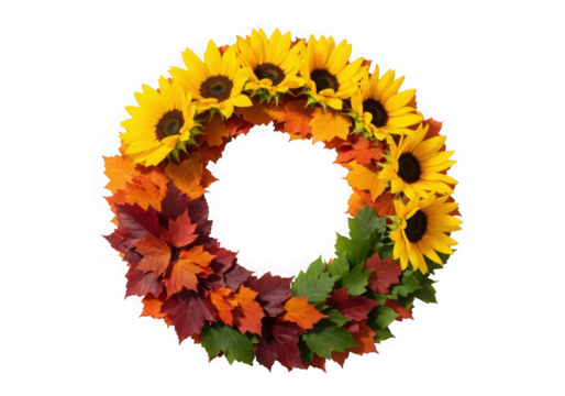 Autumn wreath sunflowers colorful fall leaves isolated on transparent background