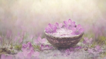 A bowl filled with pink flowers sitting on top of a grass covered field