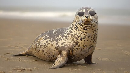 A seal with sunglasses on its face on the beach