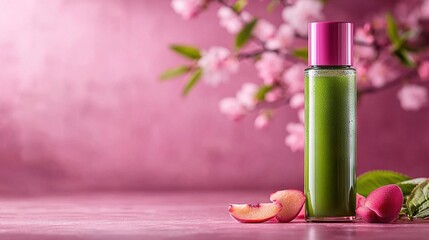 A bottle of green juice next to a pink flower