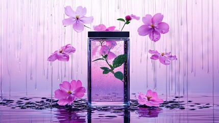 A glass vase filled with pink flowers floating in water