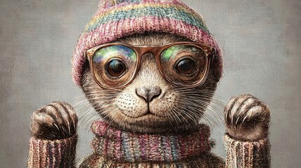 A cat wearing a knitted hat and glasses
