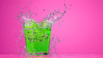 A glass of green liquid with water splashing out of it