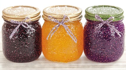 Three jars of jam sitting on top of a wooden table