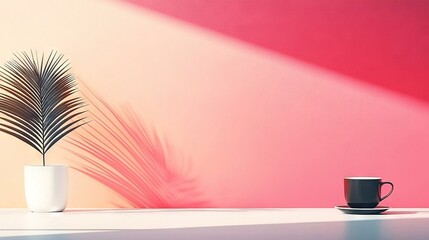 A cup of coffee sitting on top of a table next to a plant