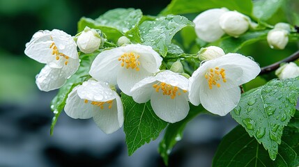 A bunch of white flowers with green leaves