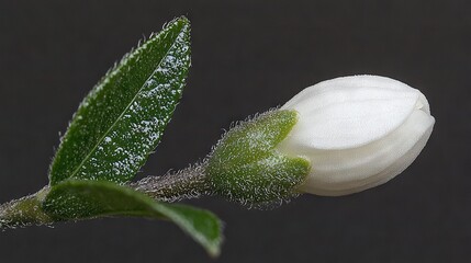 A small white flower with green leaves on a black background