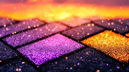 a close up of a brick wall with a sunset in the background