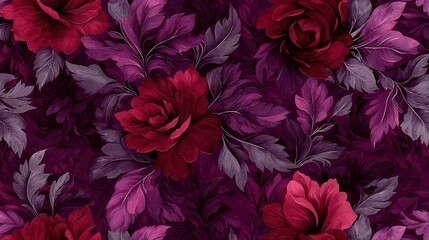 A pattern of red and purple flowers on a dark background
