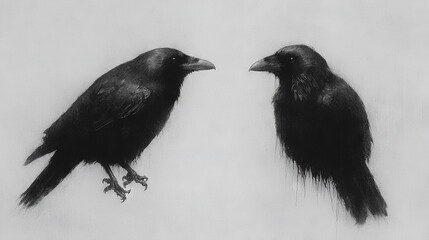 Two black crows sitting next to each other on a white surface