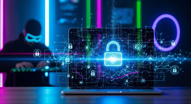 Cybersecurity concept with glowing digital lock and hacker in neon-lit room