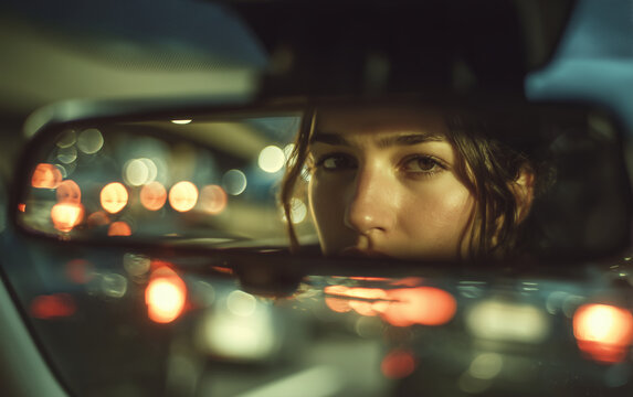 Dramatic cinematic view of a woman’s eyes in a car rearview mirror during night traffic in a tunnel, symbolizing reflection, mystery, and emotional introspection — ideal for film posters, storytelling