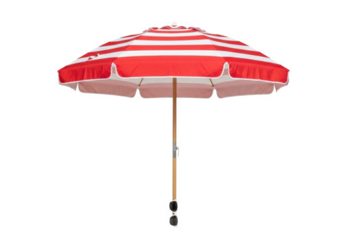 Vibrant red and white striped beach umbrella, open, with wooden pole, and sleek designer sunglasses on a transparent background. Luxury product presentation concept.