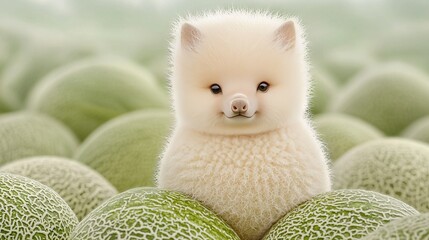 A small white dog sitting on top of a pile of melons