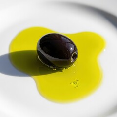 Single Black Olive Resting in a Pool of Golden Olive Oil on a White Plate.