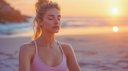 Woman meditating beach sunset