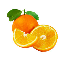 Fresh oranges whole and sliced with green leaves on white background