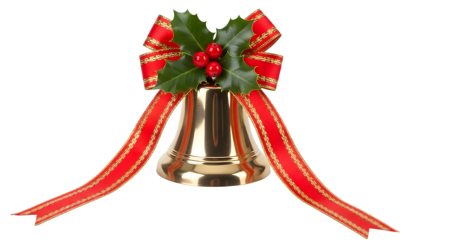 Golden christmas bell with red bow isolated on transparent background