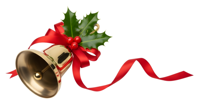 Golden christmas bell with red ribbon and holly isolated on transparent background