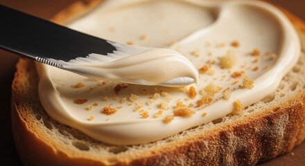 Spreading creamy peanut butter on a slice of rustic whole wheat bread.