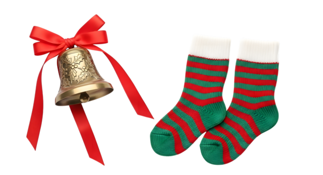 Christmas bell with red bow and striped socks isolated on transparent background - Powered by Adobe