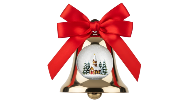 Golden christmas bell with red bow isolated on transparent background