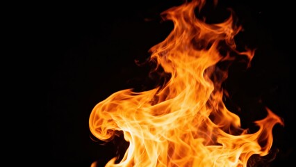 Fototapeta premium Intense, bright orange flames rise against a solid black background