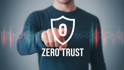 Zero trust security concept. Identity and device verification. Person touching zero trust icon for business information security network.