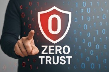 Zero trust security concept. Identity and device verification. Person touching zero trust icon for business information security network.
