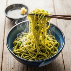 Steaming Hot Bowl of Delicious Asian Noodles with Chopsticks.