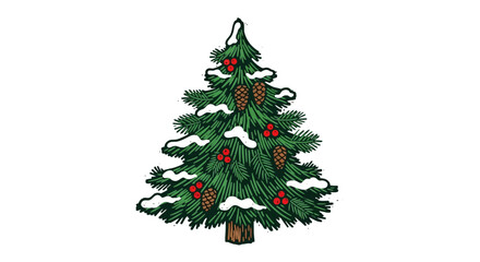 Festive evergreen tree adorned with snow, pinecones, and vibrant red berries evokes joyous holiday spirit and cozy winter charm.
