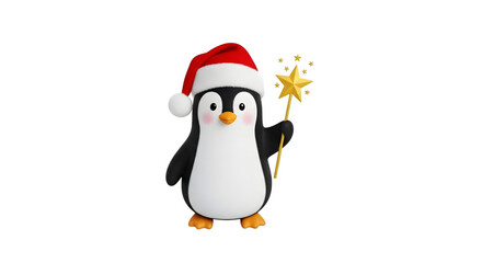 Fototapeta premium Cute penguin wearing santa hat holding a magic wand isolated on transparent background