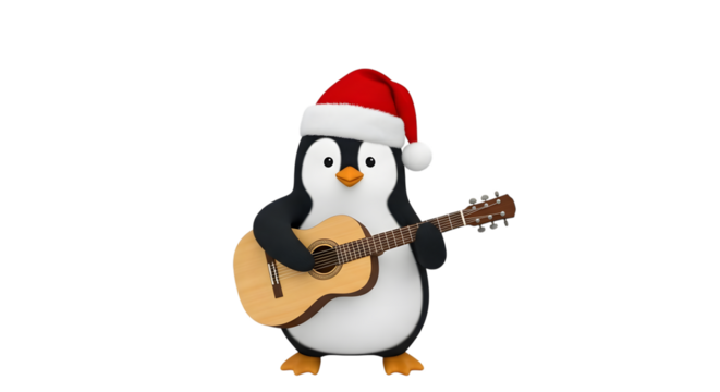 Cute cartoon penguin playing guitar wearing santa hat isolated on transparent background - Powered by Adobe