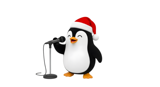 Cute cartoon penguin wearing santa hat singing into microphone isolated on transparent background