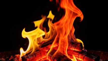 Brightly burning wood logs generate vibrant orange and yellow flames against a dark background